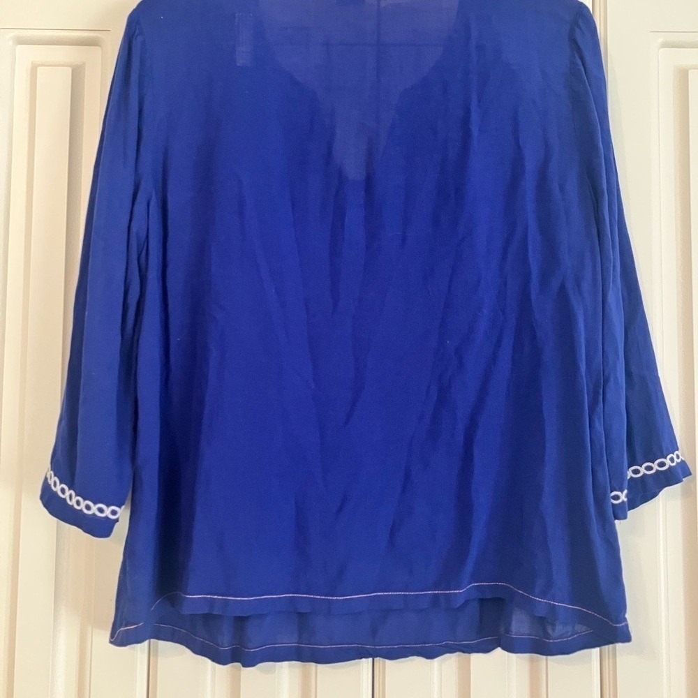 Boden Arianne Blue Sheer V Neck White Embroidered Tunic Top US 8 Beachy - Picture 4 of 6